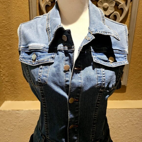1990's Vintage Vibe Denim Button Down Double Pocket Trucker Blue Dress Size 14 - Picture 3 of 15
